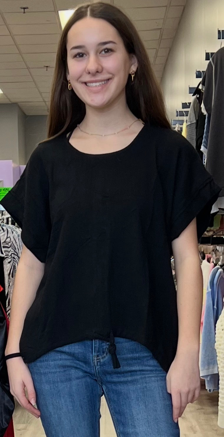 Black cotton linen top with tie bottom