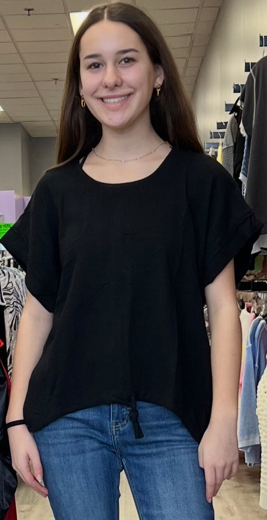 Black cotton linen top with tie bottom