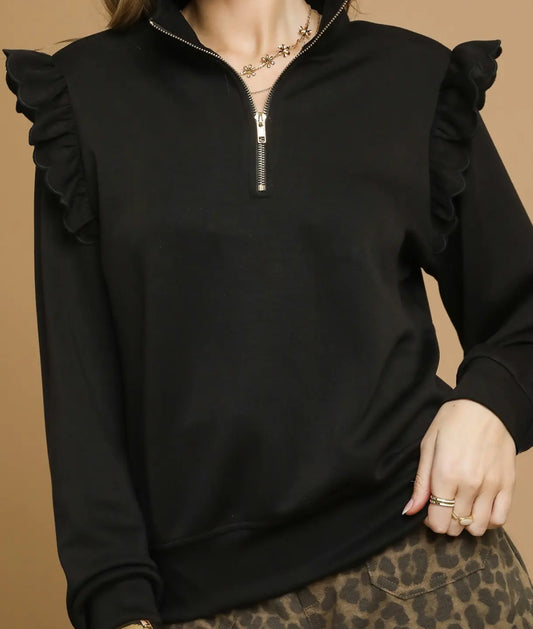 Black scuba ruffle knit quarter zip sweatshirt with gold zipper
