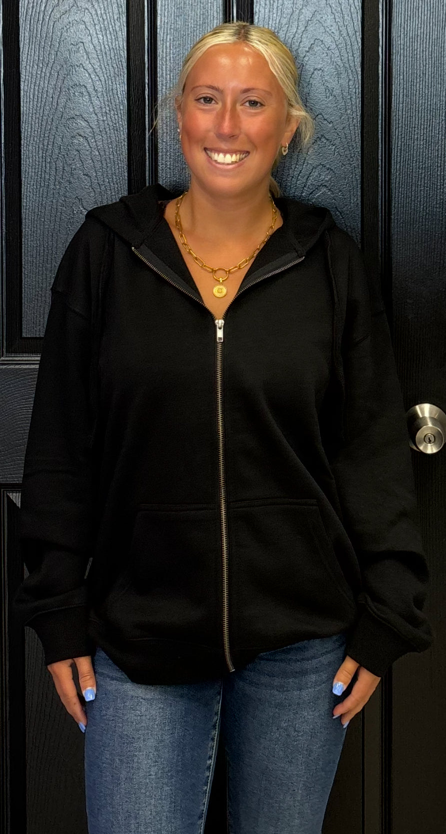 BACK IN STOCK ! Vintage Havana loose fit black fleece zip with patchwork hearts on back