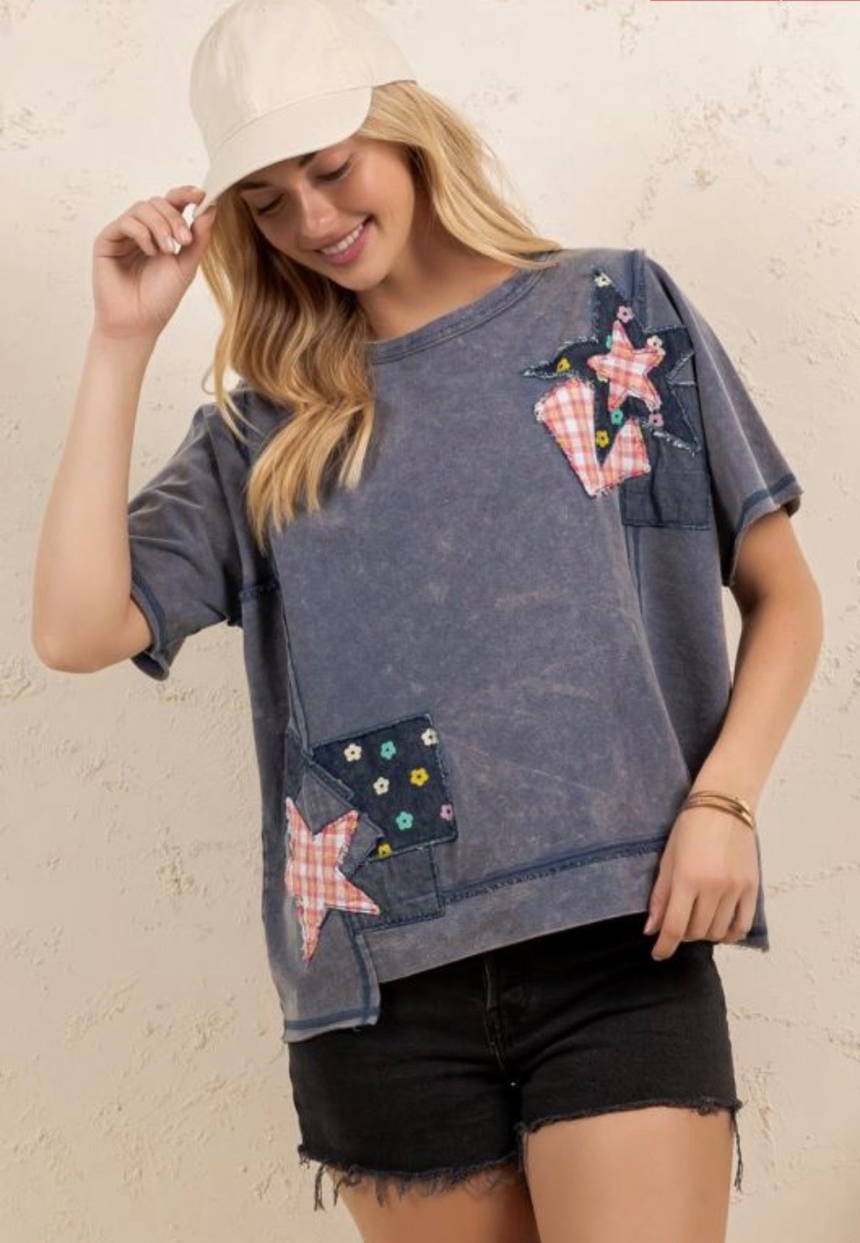 PREORDER NOW, Arriving Thursday…Blue mineral wash top with star and plaid/floral patches