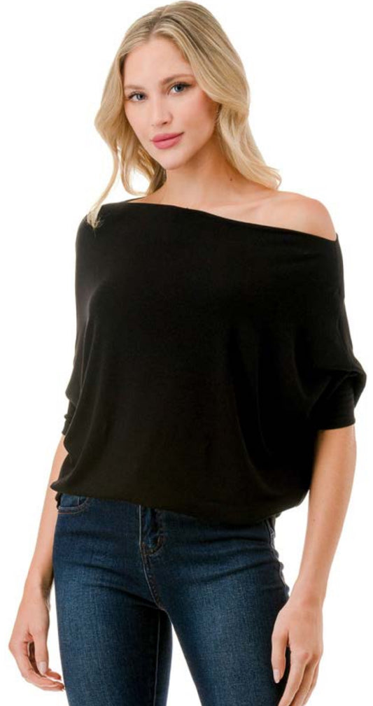 Black short sleeve knit off shoulder top (also great paired with a Strap Its bra)