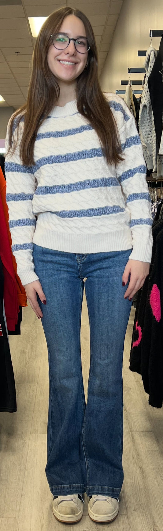 Cream/blue lurex striped sweater (shown with our shorter length flare jeans)