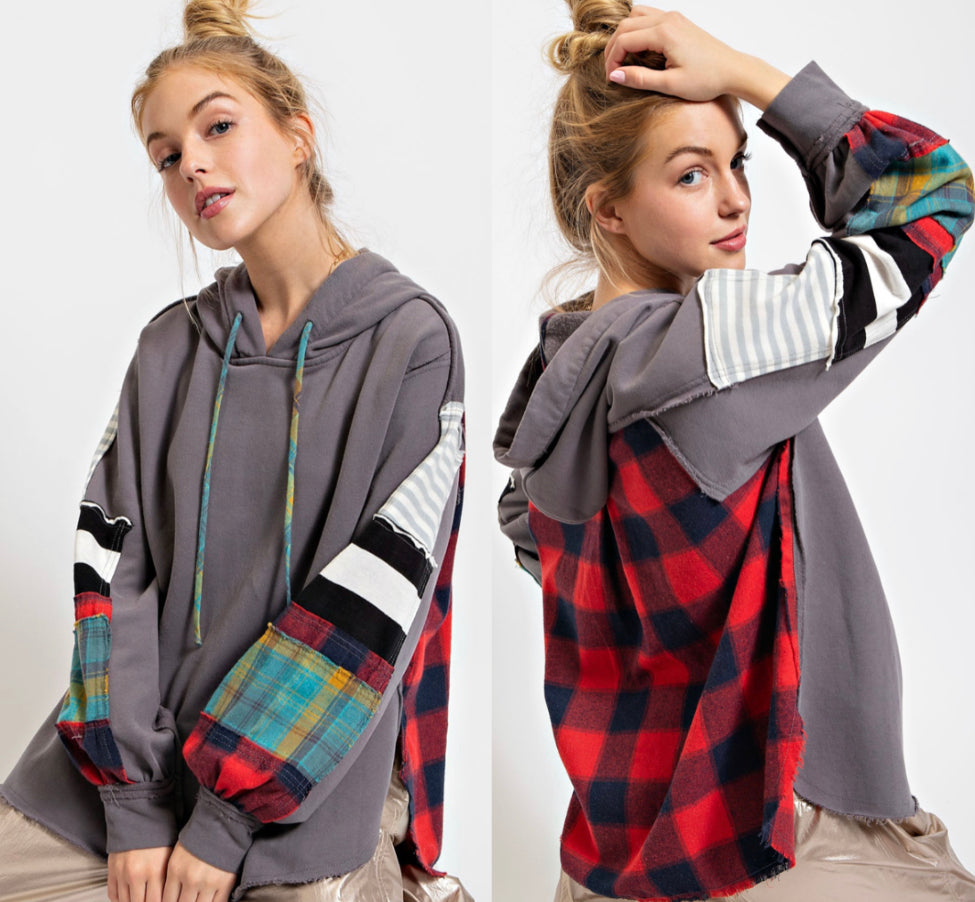 5th RESTOCK! Grey loose fit hoodie with plaid back