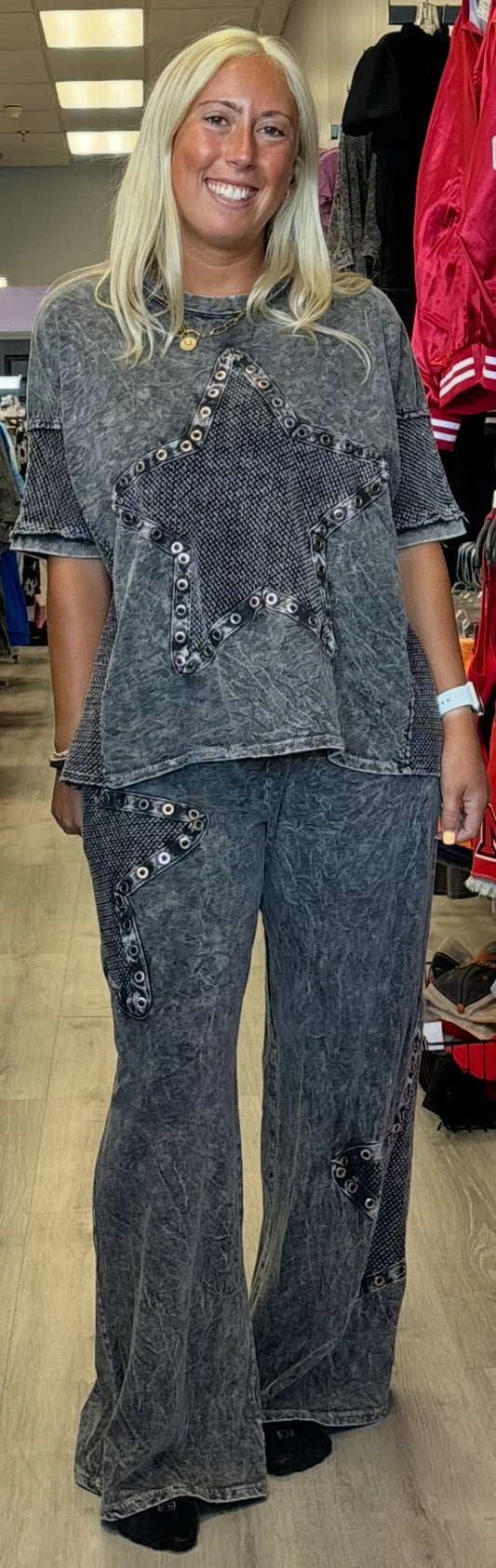 RESTOCKED AGAIN! Black mineral wash mesh star top with studs and matching pants (sold separately)