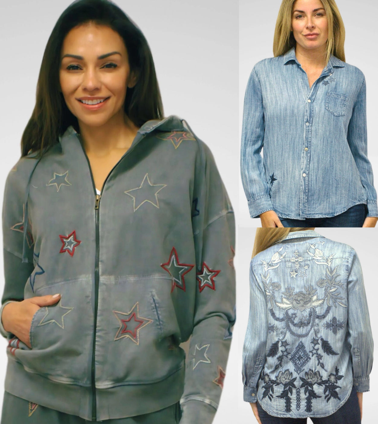 Caite & Kyla embroidered stars zip hoodie and denim blouse