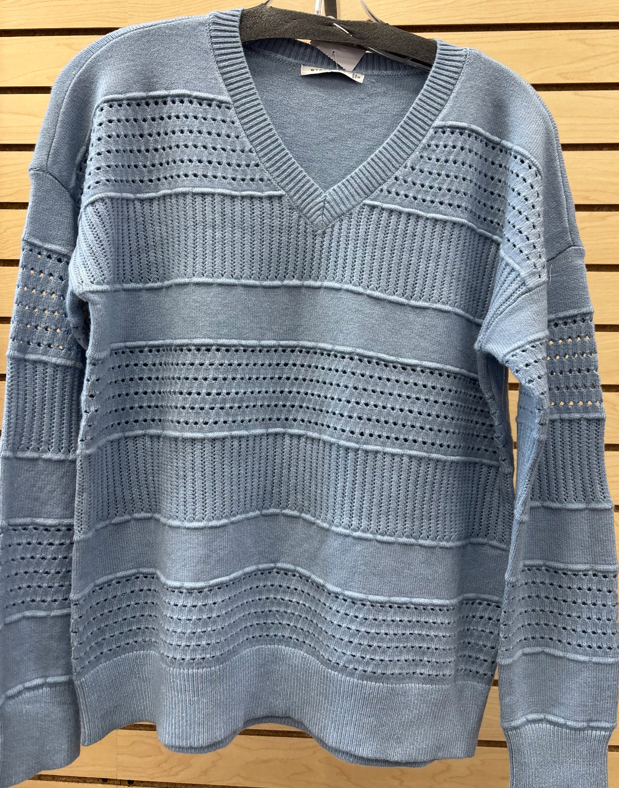 Light blue pointelle v neck lightweight sweater
