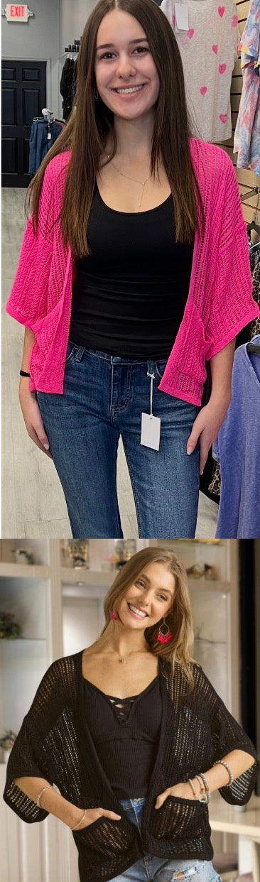 Pink and black crochet open cardigans with pockets, great over a tank or a dress!