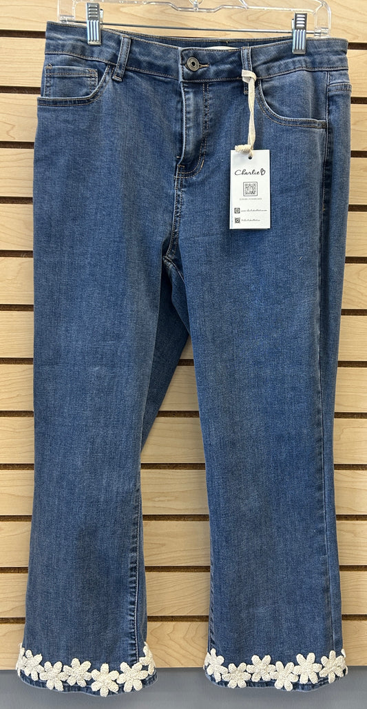 Charlie B floral hem crop flare jeans with stretch