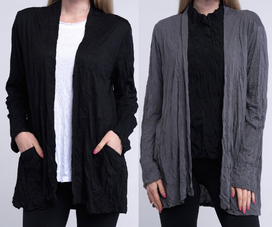 Top selling crinkle cardigans are back for fall! Available sizes Small through 3X (2 colors)