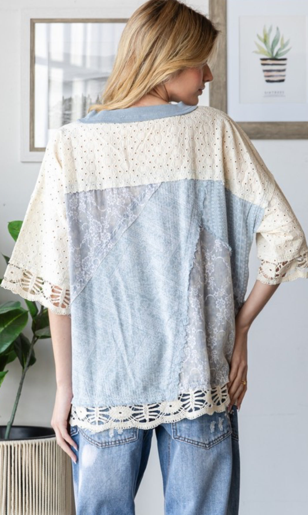 Blue lace and crochet loose fit top (available up to size 2X/3X)