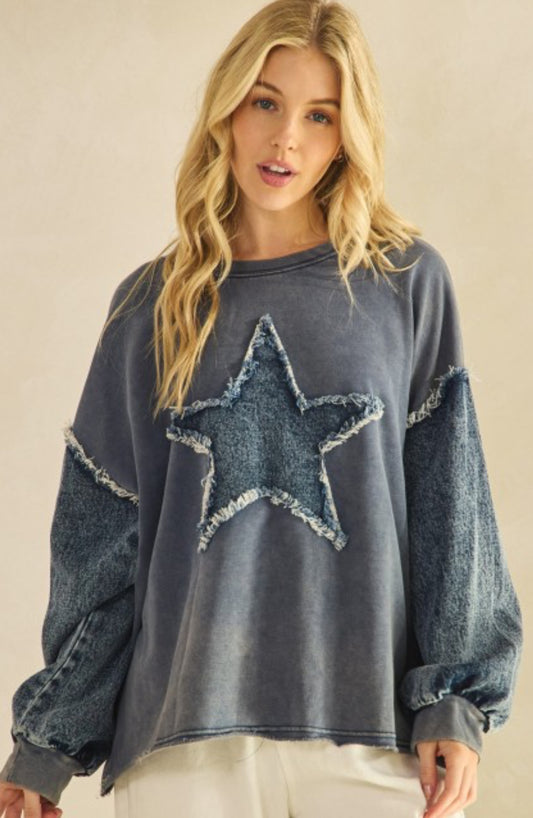 PREORDER NOW, Arriving Friday...Blue top with denim star and sleeves