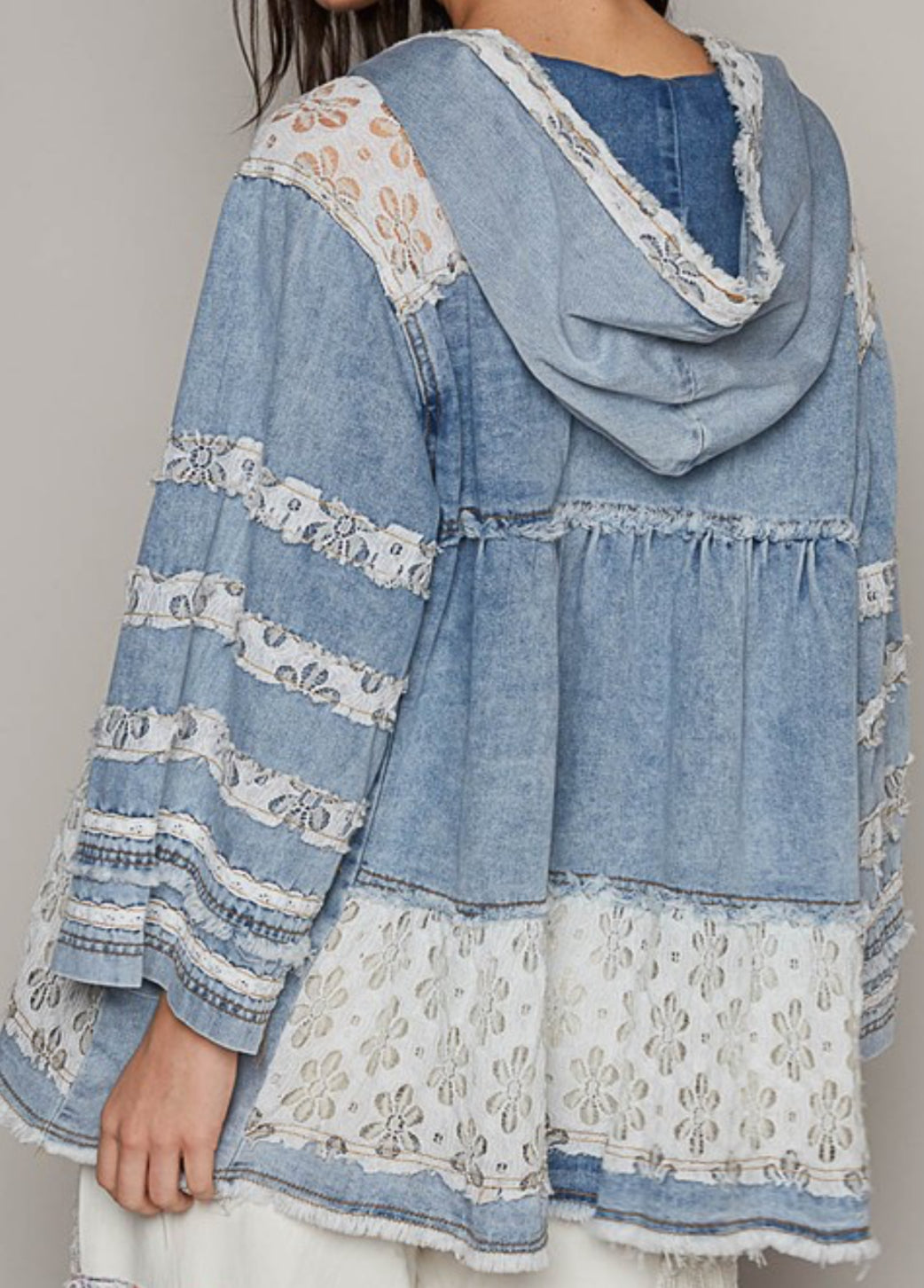 RESTOCKED! Denim and lace oversized 3/4 sleeve zip jacket with hood (available up to XXL/2X)