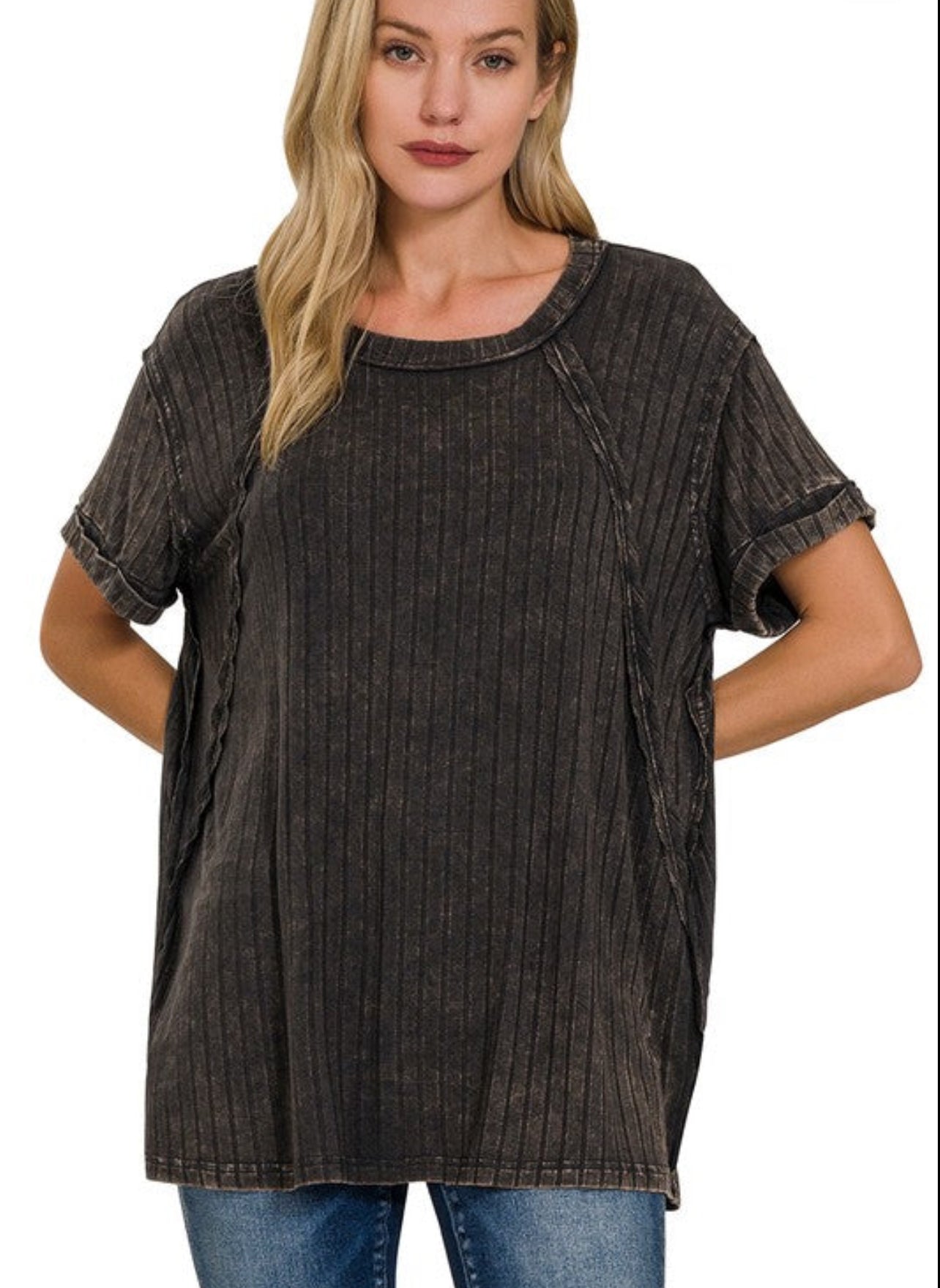 Ash black soft ribbed loose fit top, up to XXL