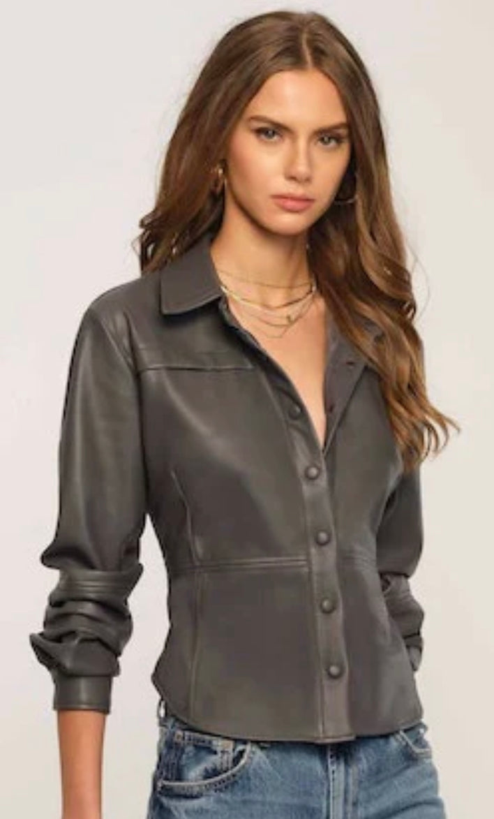 Heartloom Grey soft vegan leather Kieran snap front blouse