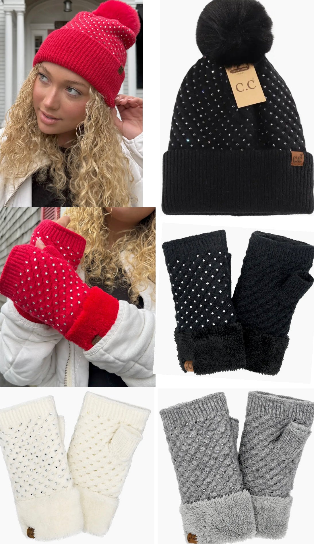 CC rhinestone pom hat and fingerless gloves, both with warm, soft lining