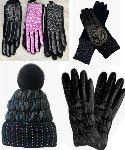 Assorted puffer hats and gloves with soft, warm lining