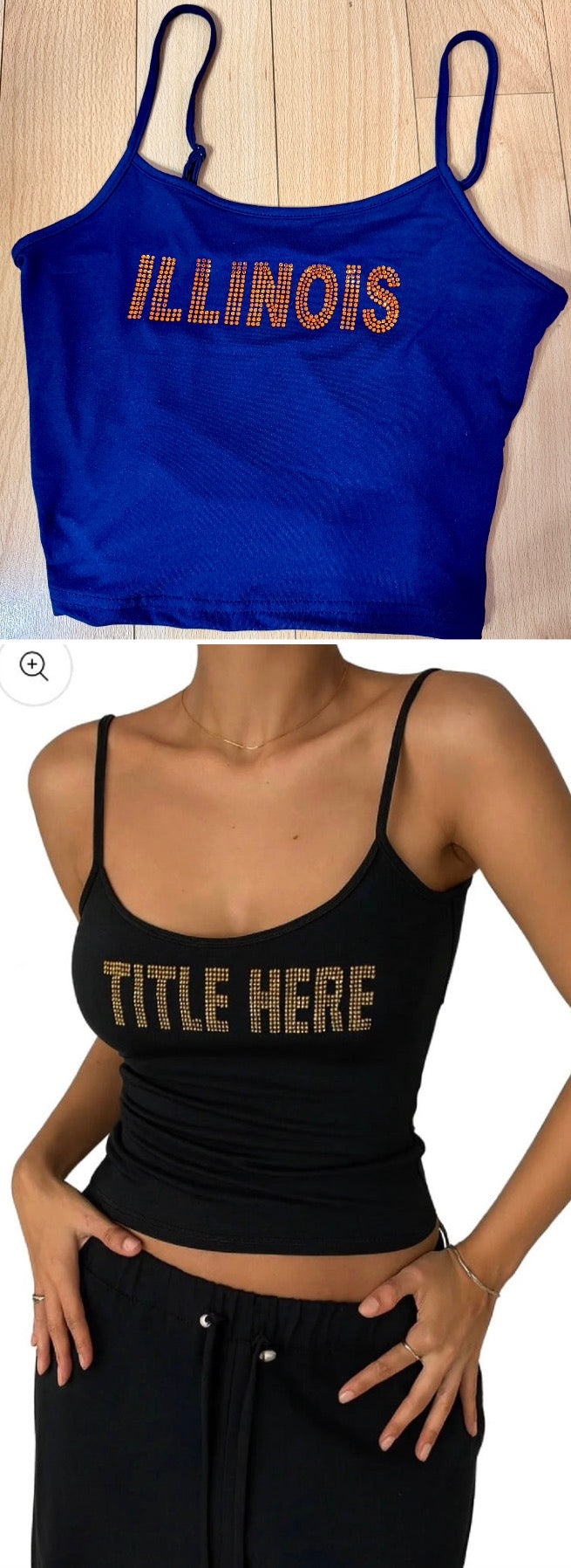Custom order & in stock bling cami with adjustable straps (see pic 2 for available schools)