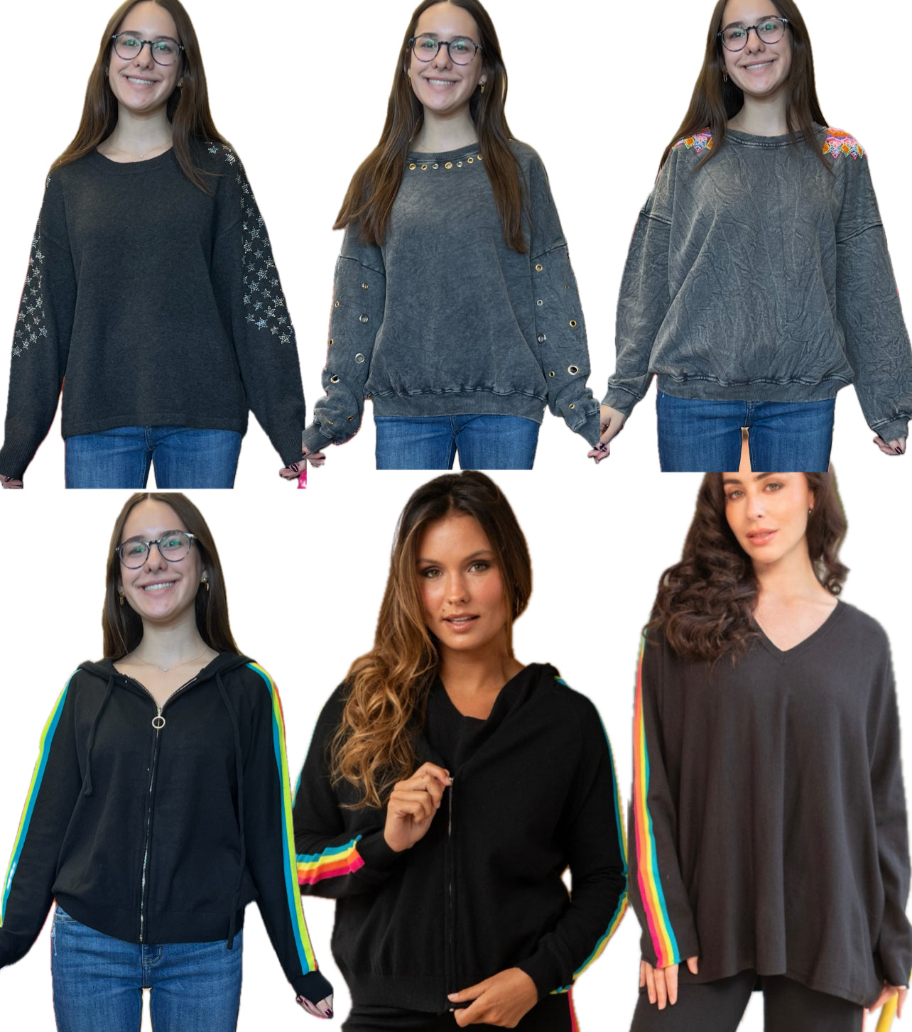 Assorted lightweight sweaters and sweatshirts with embellishments