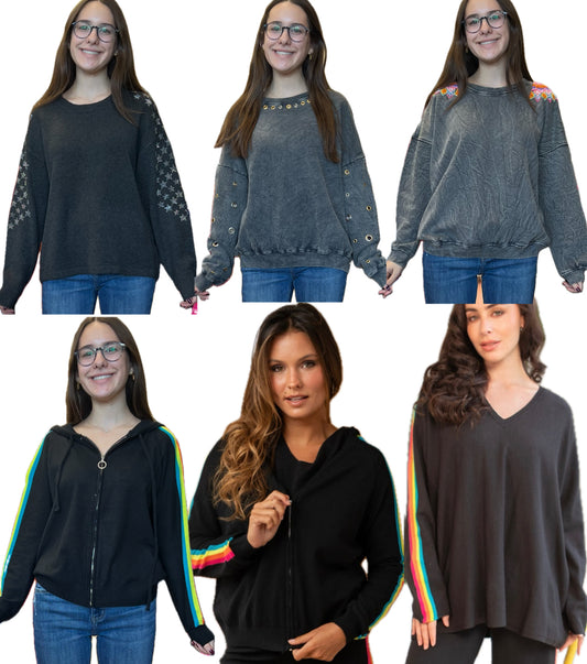 Assorted lightweight sweaters and sweatshirts with embellishments