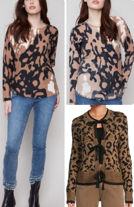 Charlie B leopard tie front soft sweater cardigan and reversible fray bottom sweater