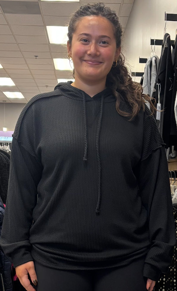 Black loose fit rib knit hoodie