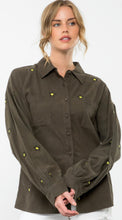 Load image into Gallery viewer, THML Green lightweight corduroy blouse with yellow and black stars
