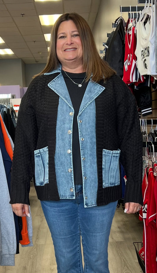 Black/denim sweater knit cardigan