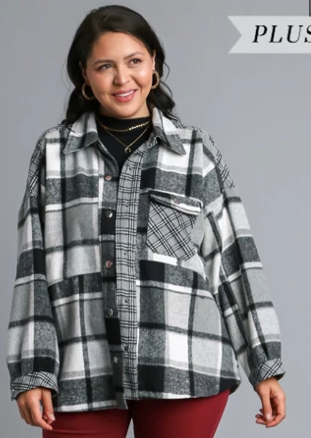 Black/white mixed plaid soft shacket (also available in plus size)