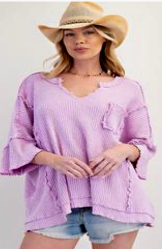 Pink soft rib elbow sleeve top with notch neck and pocket