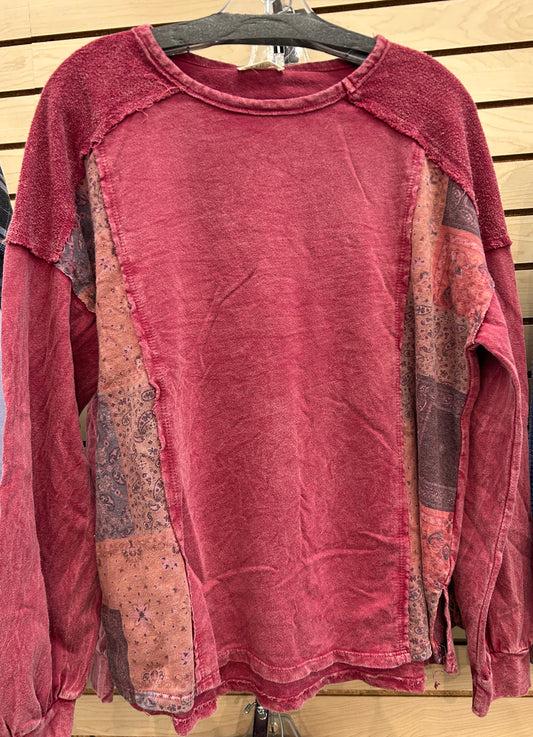 Burgundy loose fit top with mixed print sides
