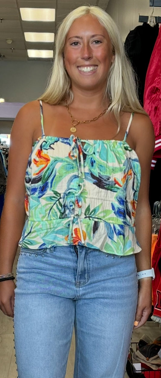 Multi floral print tie front cami with adjustable straps