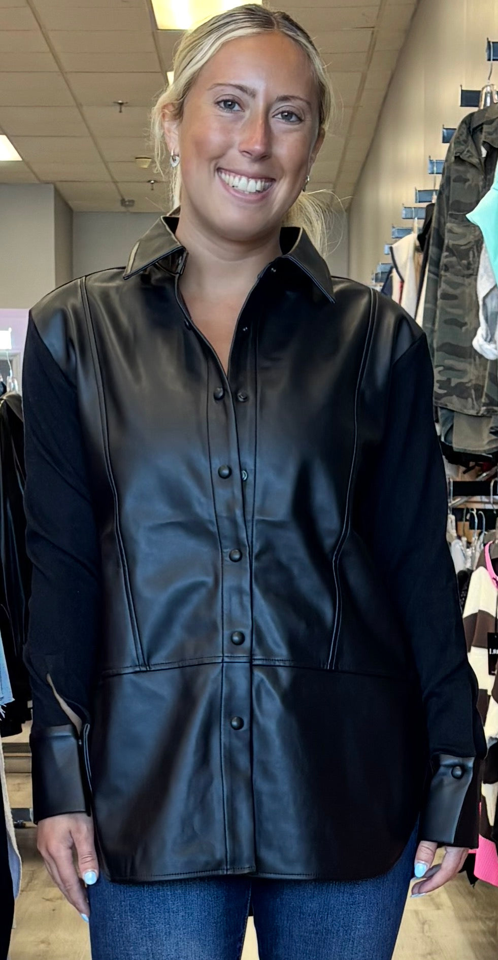 Black soft faux leather button down blouse