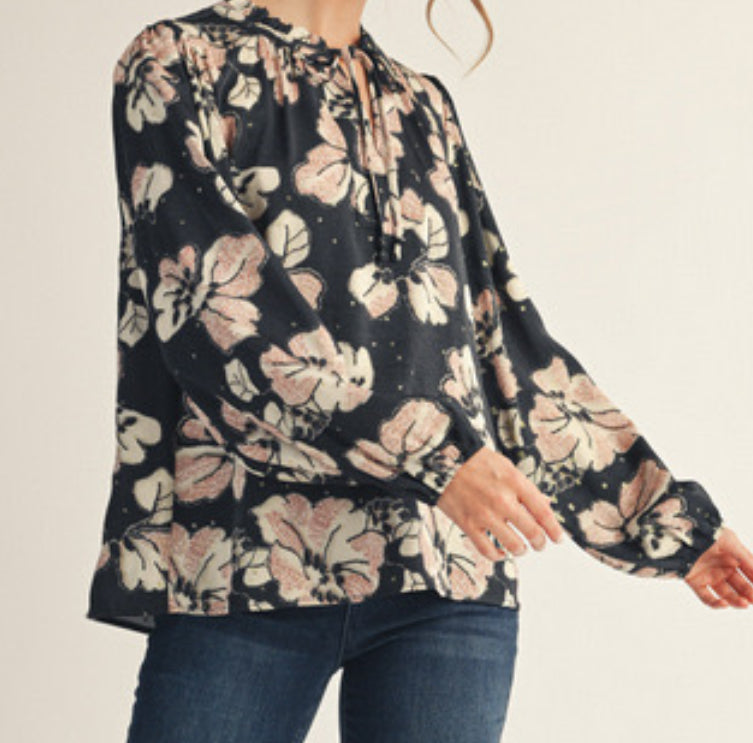 Black tie front top with tan flowers