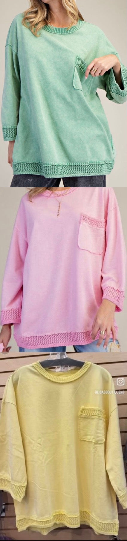 3/4 sleeve pocket top with net inserts, BEST SELLER!