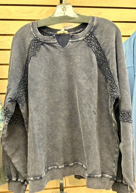 Charcoal notch neck sweatshirt with crochet inserts