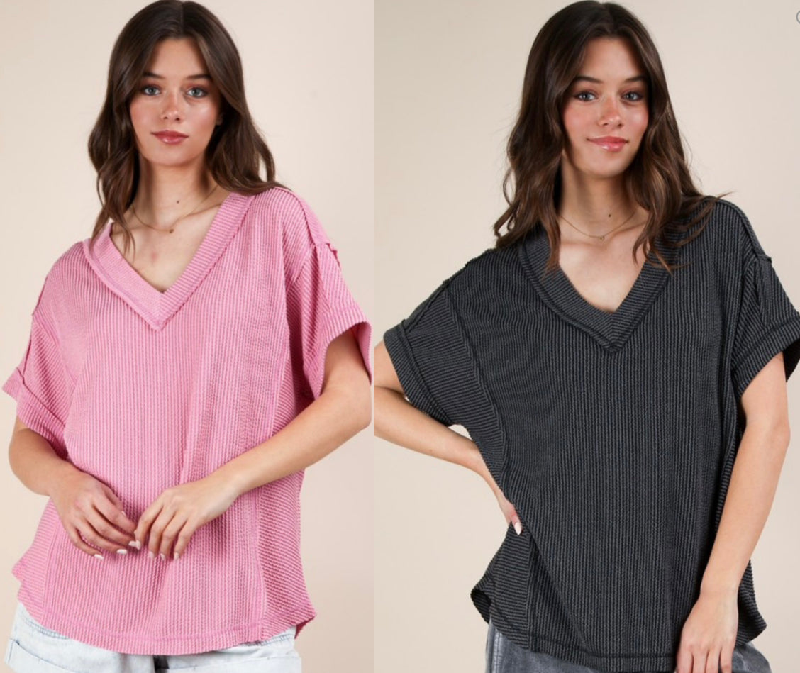 Soft ribbed v neck tops with seam detail in pink and charcoal grey