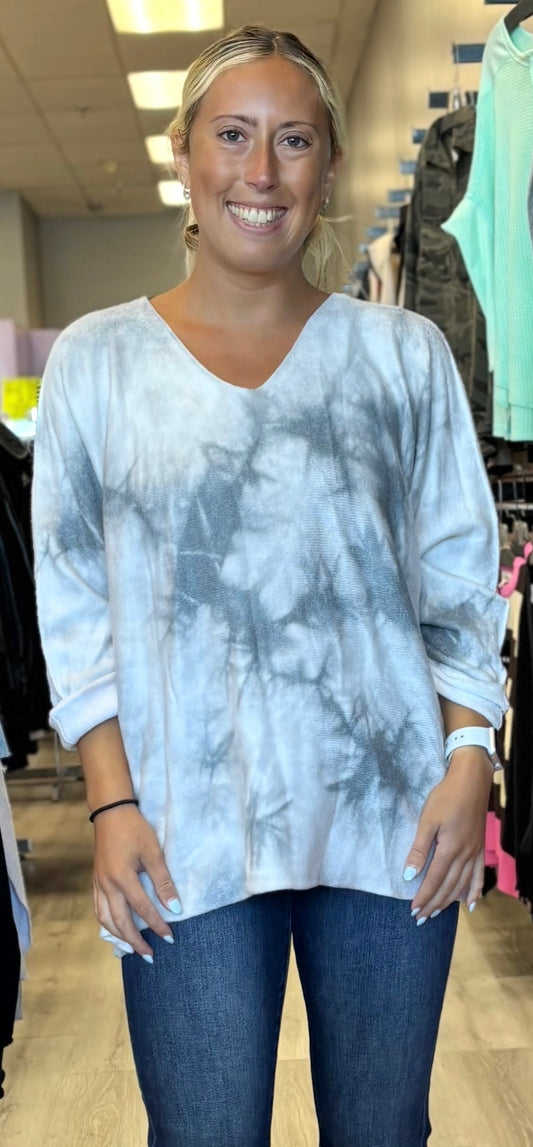 Grey/white tie dye relaxed fit soft knit sweater