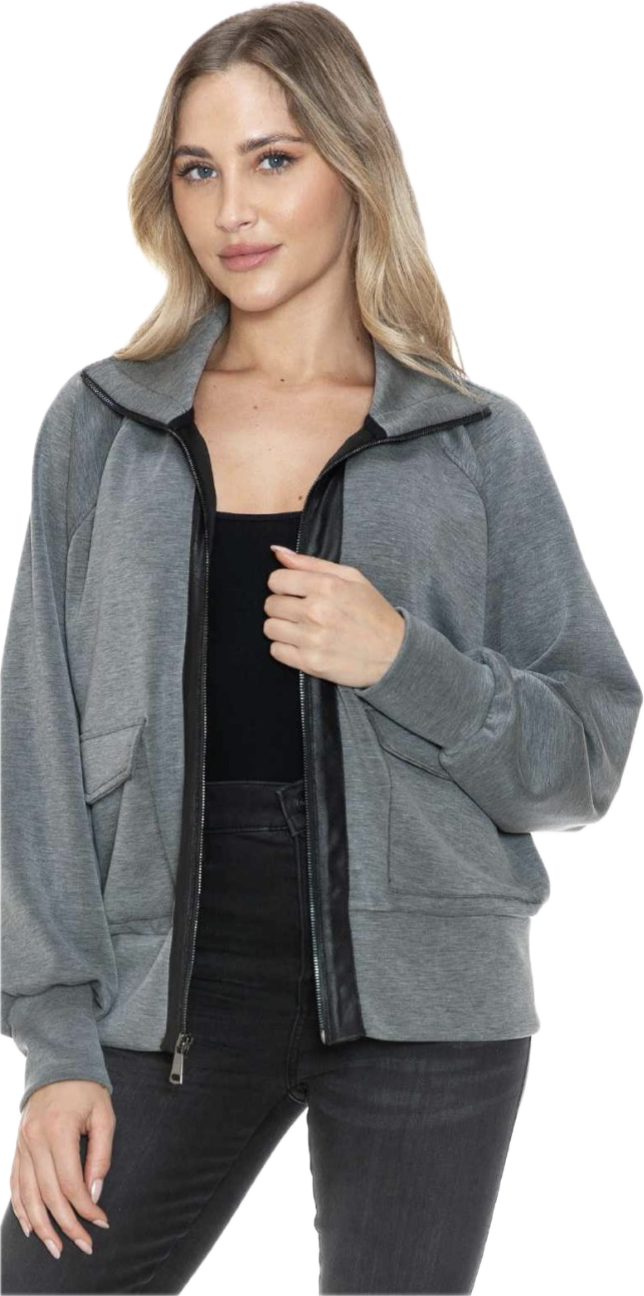 Ariella grey soft zip jacket with black satin trim