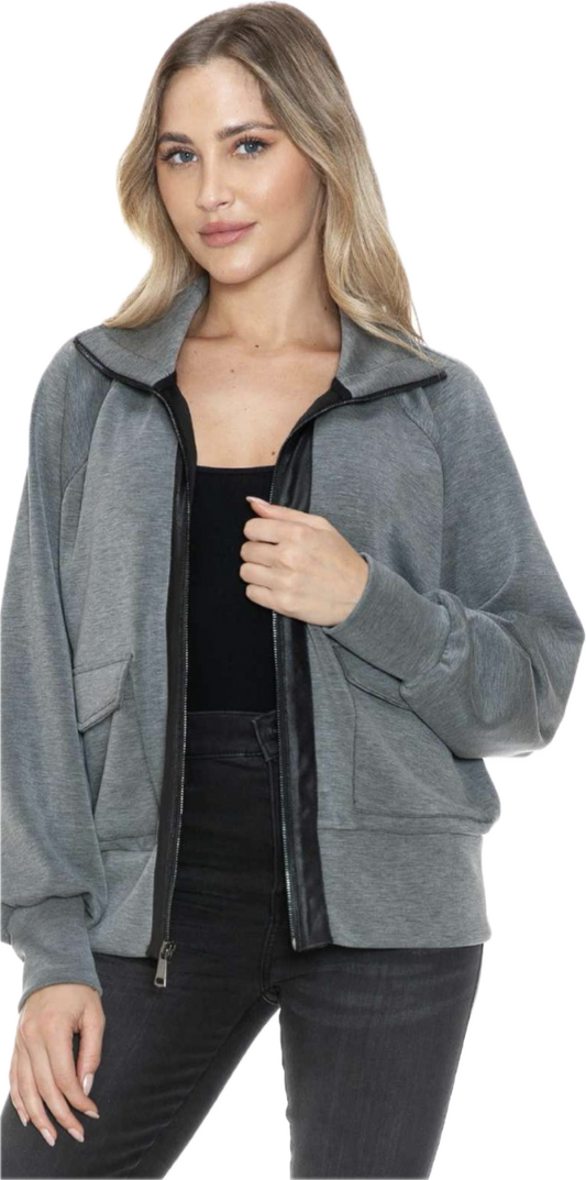 Ariella grey soft zip jacket with black satin trim