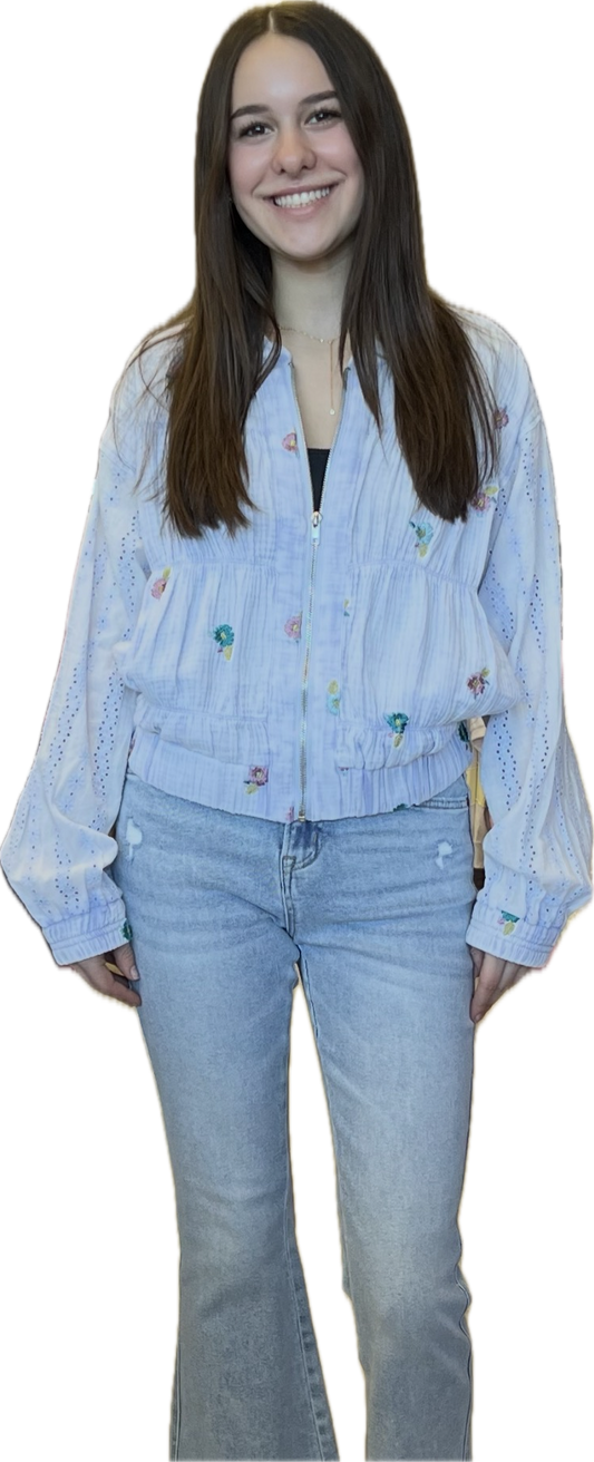 Periwinkle zip jacket with embroidered flowers and eyelet sleeves