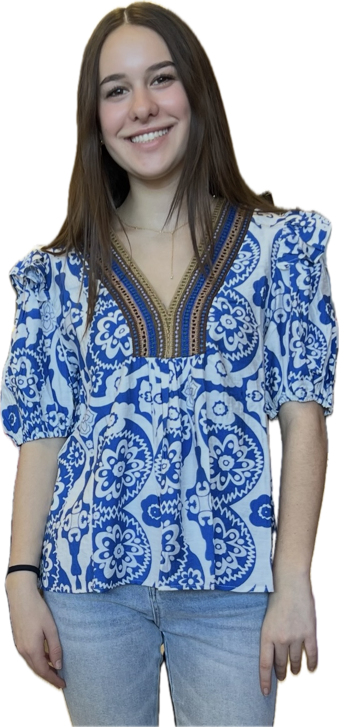 Blue floral top with stripe crochet v neck