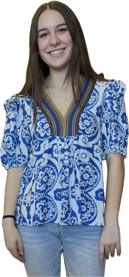 Blue floral top with stripe crochet v neck