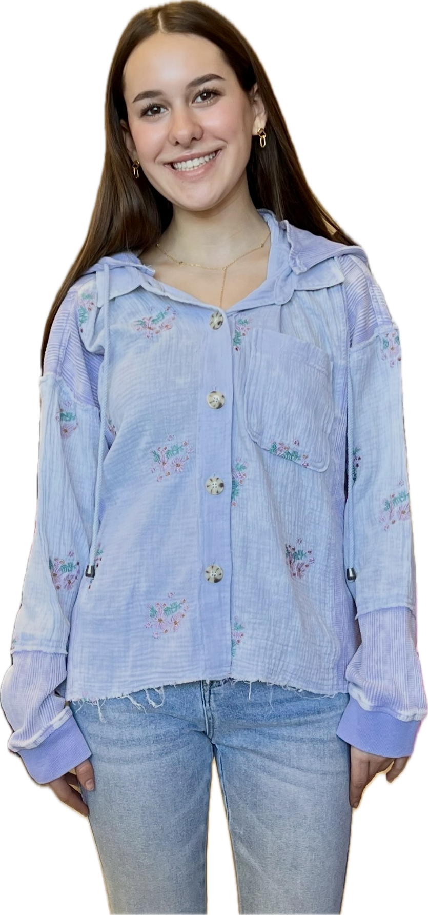 Lilac lightweight button down hoodie with embroidered flowers