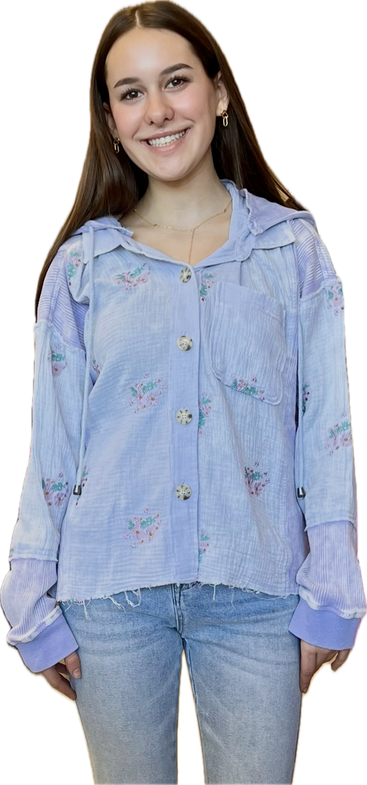 Lilac lightweight button down hoodie with embroidered flowers