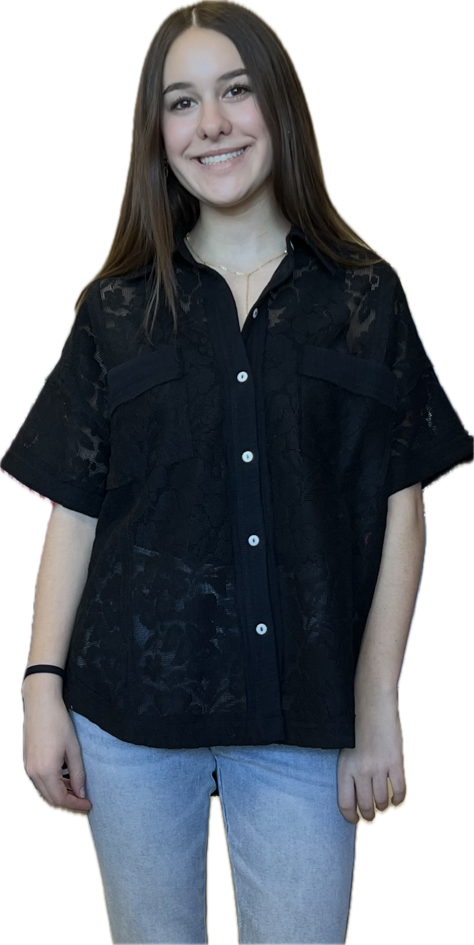 Black lace short sleeve loose fit blouse