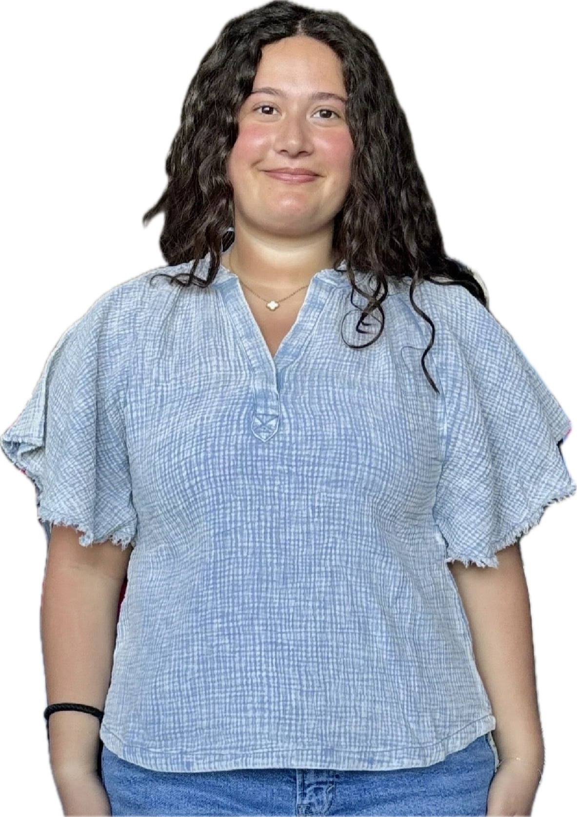 Blue gauze flutter sleeve top