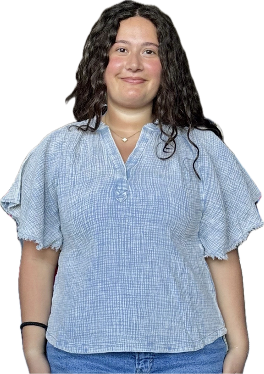 Blue gauze flutter sleeve top