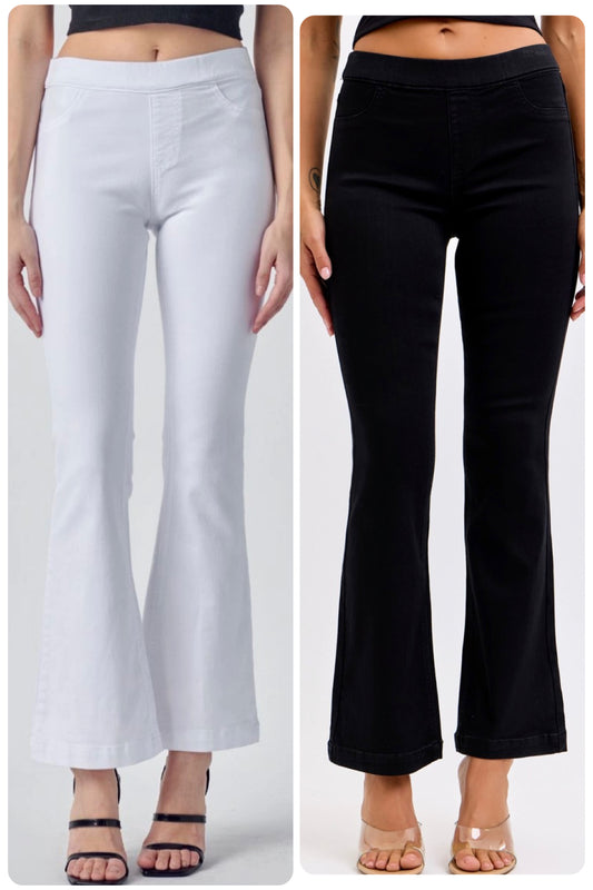 Soft and stretchy pull on petite length flare jeans