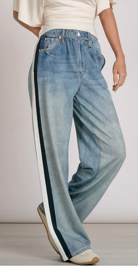 Elan’s NEWEST version of their super soft sweatpant loose fit jeans with navy and white side stripes